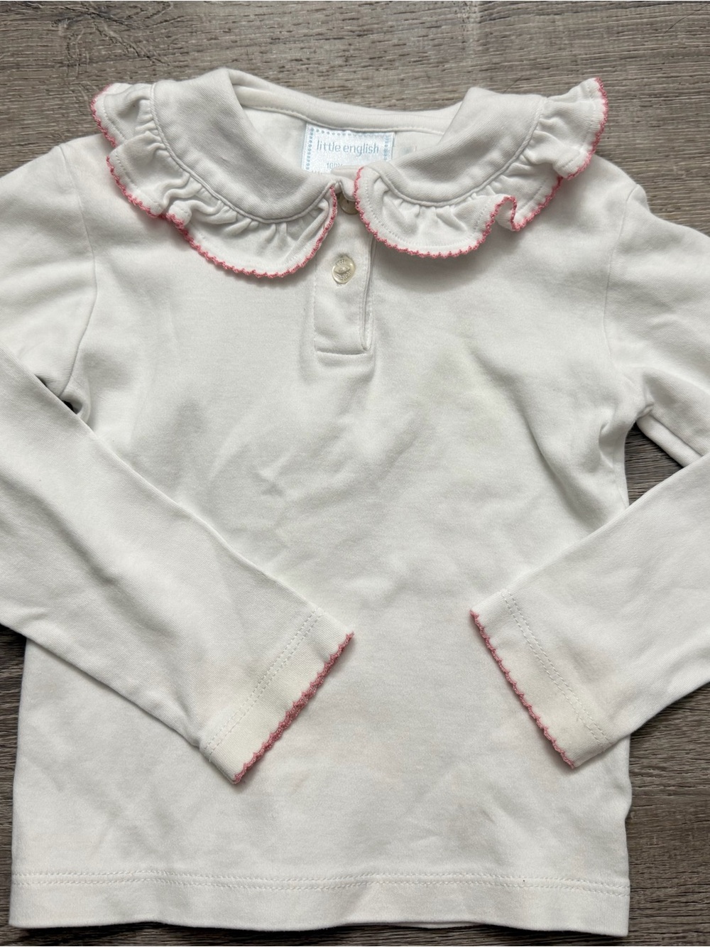 Little English Cream Long-Sleeve Ruffle Collar Top with Pink Trim